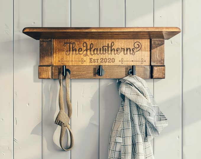 Wood Wall Shelf with Hooks, Entryway Organizer, Farmhouse Home Décor Coat Hanger, Bathroom Towel Hanging Rack, Key Holder, Personalized Gift