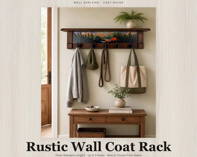 Sunrise Bear Wall Coat Rack with Cherry Shelf: Rustic Entryway Organizer