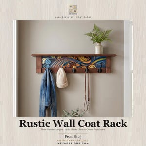 Rustic Wall Coat Rack with Shelf: Entryway Organizer with Black Hooks | Abstract Wave
