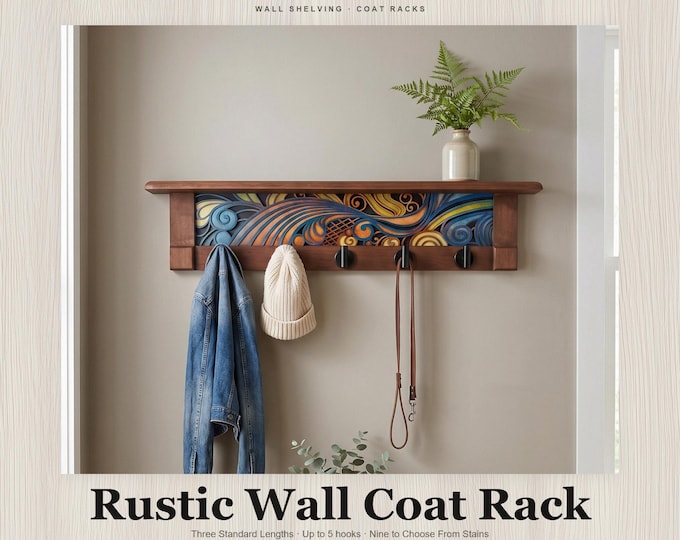 Rustic Wall Coat Rack with Shelf: Entryway Organizer with Black Hooks | Abstract Wave