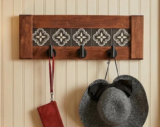 Rustic Cherry Wood Coat Rack with Shelf & Black Hooks