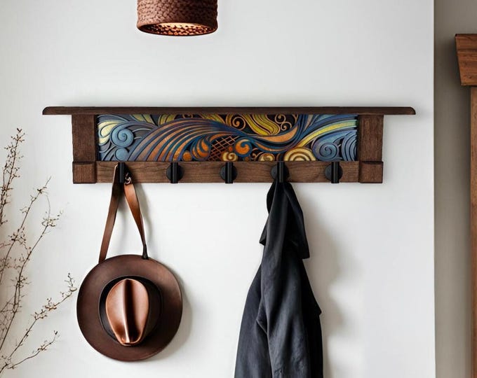 Rustic Wall Coat Rack with Shelf: Entryway Organizer with Black Hooks