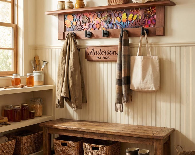 Rustic Wall Coat Rack with Shelf: Farmhouse Entryway Organizer | Honeycomb Meadow Orange Blossom