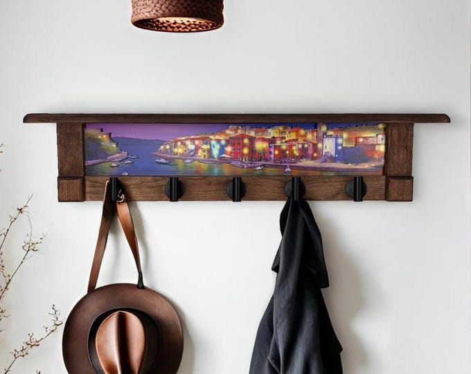 Rustic Wall Coat Rack with Shelf: Entryway Organizer with Black Hooks | Harbor Lights at Dusk