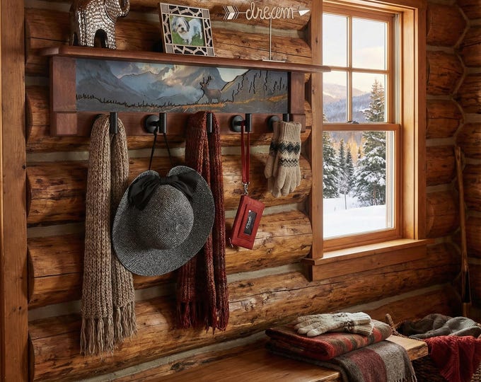Rustic Wall Coat Rack with Shelf: Entryway Organizer with Black Hooks | Mountain Meadow Elk