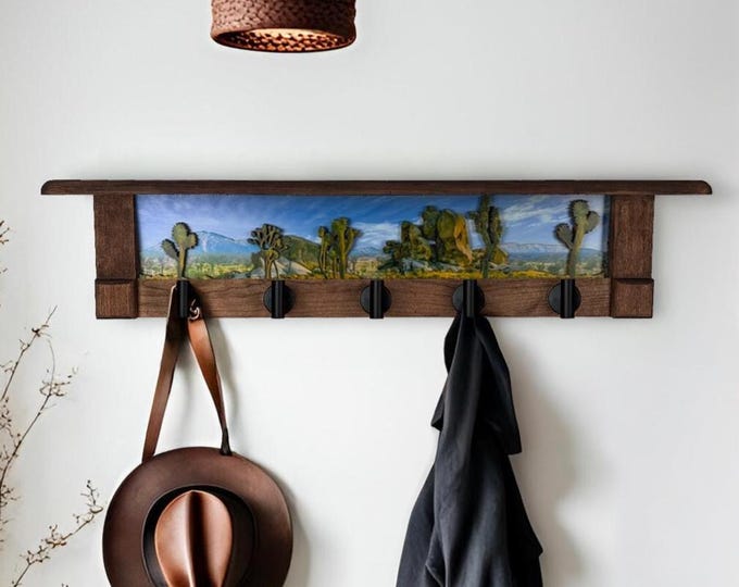 Rustic Wall Coat Rack with Shelf: Entryway Organizer with Black Hooks