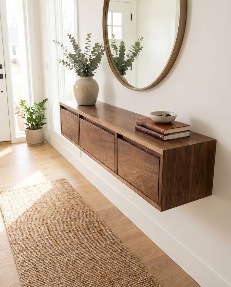 Walnut Floating Entryway Console | Handmade Wall-mounted Shelf With ...