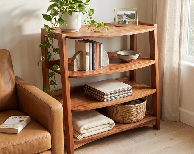 Ke Kupu | Handmade Sapele Tiered Stand, Mid-Century 4 Tier Open Shelf, Solid Wood Bow Front Bookcase | Entryway, Living Room, Record Storage