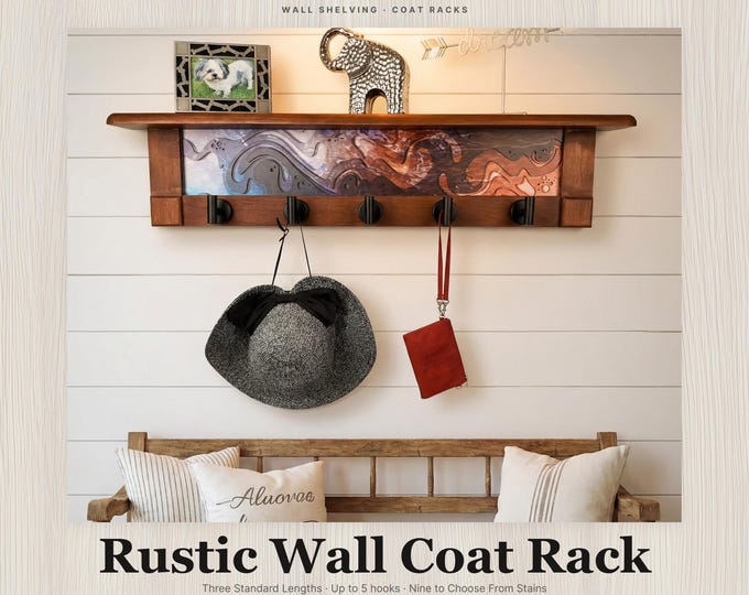 Rustic Wall Coat Rack with Shelf: Entryway Organizer with Black Hooks | Abstract Landscape Blue, Burgundy & Terracotta