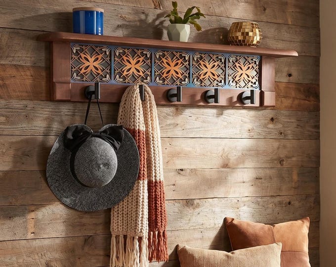 Rustic Cherry Wood Coat Rack with Shelf: Entryway Organizer