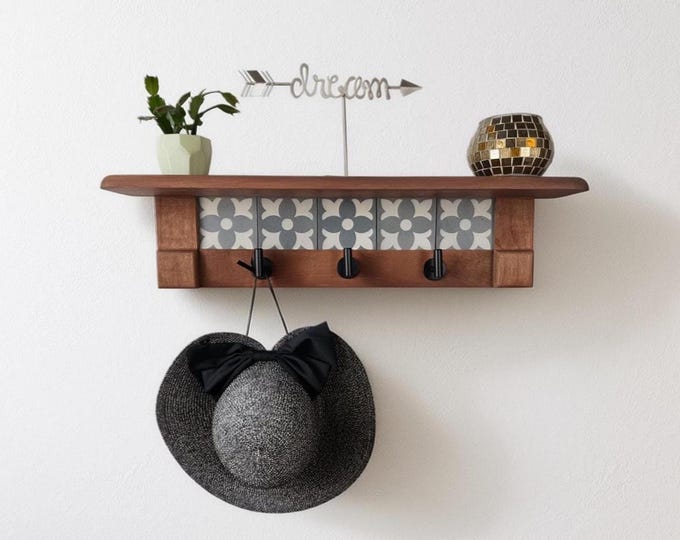 Rustic Cherry Wood Coat Rack with Shelf: Farmhouse Entryway Organizer