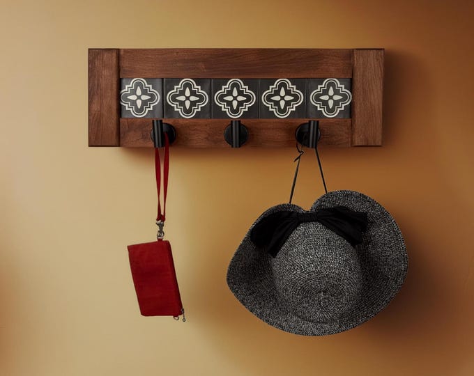 Rustic Cherry Wood Coat Rack with Shelf & Black Hooks