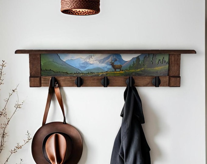 Rustic Wall Coat Rack with Shelf: Entryway Organizer with Black Hooks | Mountain Meadow Elk