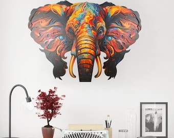 MEJA Designs Vibrant Layered Elephant Wall Art | UV Printed & Laser Cut | Handcrafted Tribal Boho Decor | Psychedelic Animal Spirit Gift