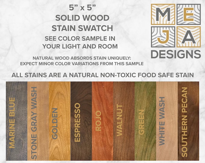 5″ × 5″ Solid Wood Stain Swatch • Try‑at‑Home Color Sample • 12 Non‑Toxic, Food‑Safe Wood Stains by MEJA Designs