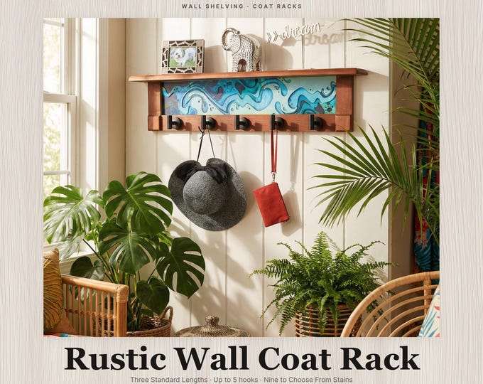 Rustic Wall Coat Rack with Shelf: Entryway Organizer with Black Hooks | Coastal Aqua Blue
