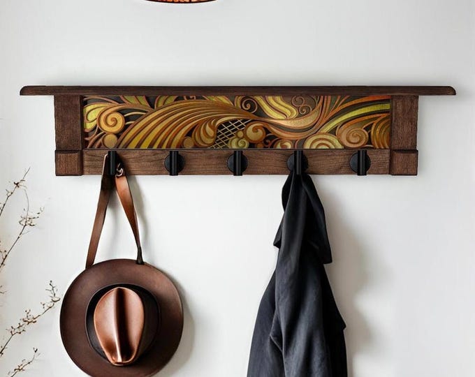 Rustic Wall Coat Rack with Shelf: Entryway Organizer with Black Hooks | Abstract Wave Burnt Orange