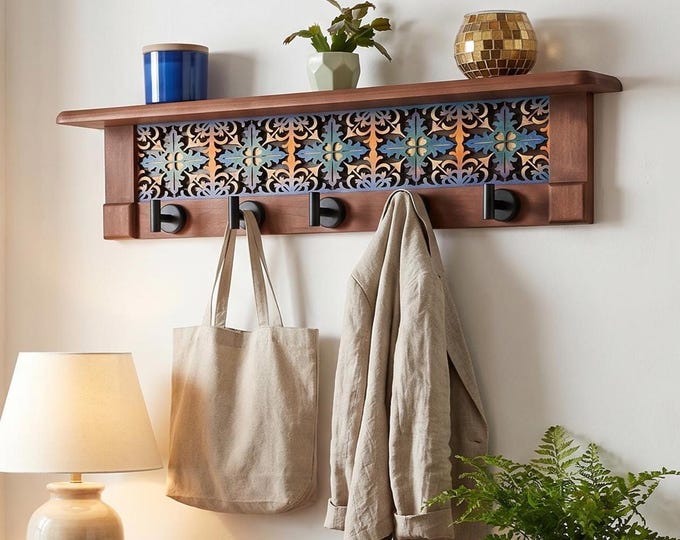Rustic Cherry Wood Coat Rack with Shelf: Entryway Organizer, Distressed Finish | Gothic Rosette