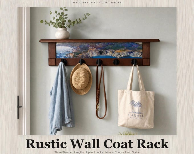 Rustic Wall Coat Rack with Shelf: Entryway Organizer with Black Hooks Big Sur