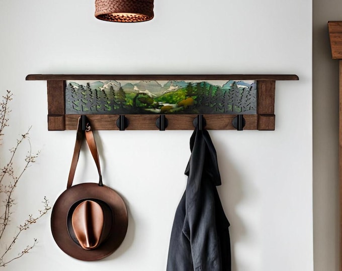 Handcrafted Bear Coat Rack with Cherry Shelf: Rustic Entryway Organizer