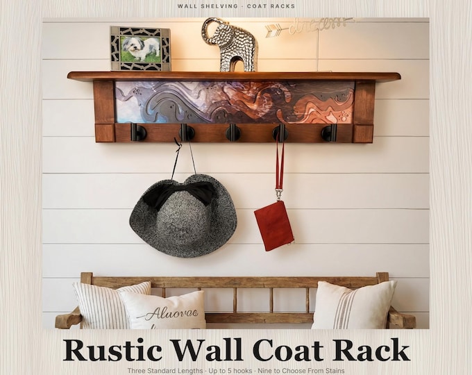 Rustic Wall Coat Rack with Shelf: Entryway Organizer with Black Hooks | Abstract Landscape Blue, Burgundy & Terracotta