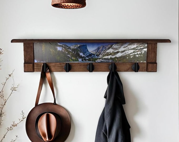 Rustic Wall Coat Rack with Shelf: Entryway Organizer with Black Hooks