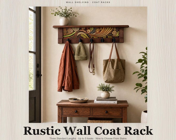 Rustic Wall Coat Rack with Shelf: Entryway Organizer with Black Hooks | Abstract Wave Burnt Orange