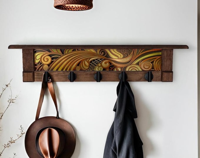 Rustic Wall Coat Rack with Shelf: Entryway Organizer with Black Hooks