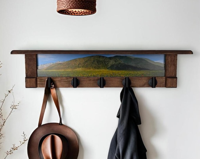 Rustic Wall Coat Rack with Shelf: Entryway Organizer with Black Hooks