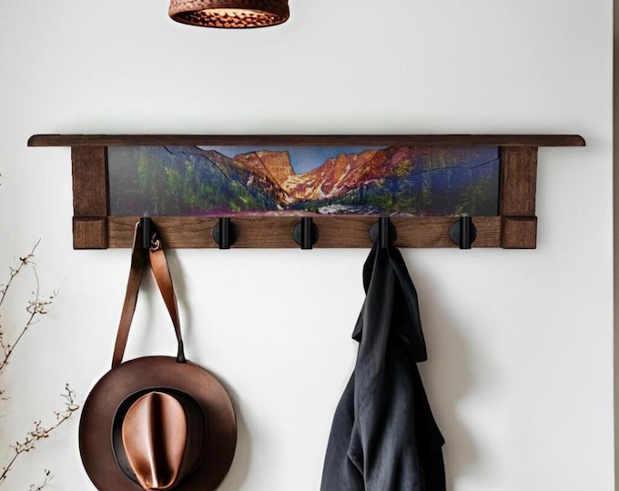 Rustic Wall Coat Rack with Shelf: Entryway Organizer with Black Hooks
