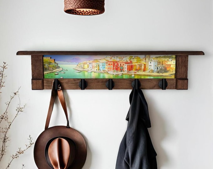 Rustic Wall Coat Rack with Shelf: Entryway Organizer with Black Hooks | Sunlit Seaside Village