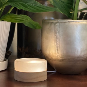 Puede incluir: Una pequeña luz redonda blanca con una base de madera se encuentra sobre una mesa de madera. La luz está encendida y brillando. Hay dos plantas en macetas en el fondo.