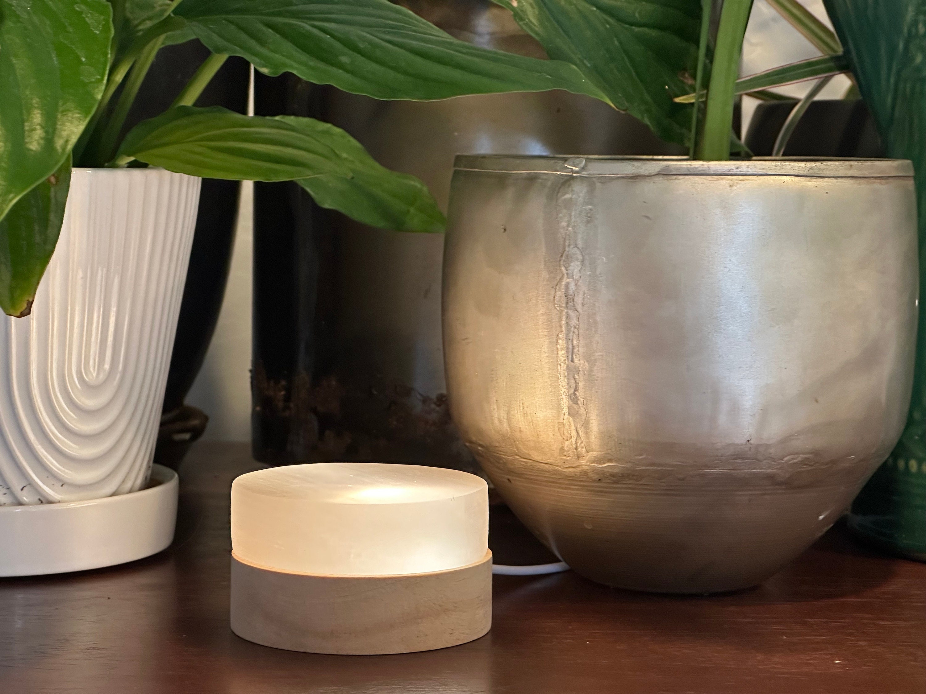 Selenite Crystal Night Light: Thick-Cut White Glow, Rubberwood Base
