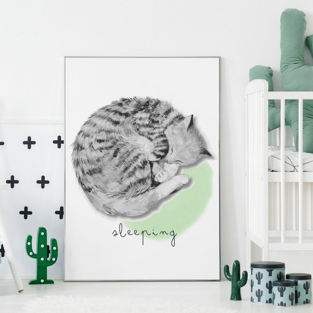 Sleeping Cat Nursery Print Peaceful Tabby Art Unique & Affordable Digital Download for Kids