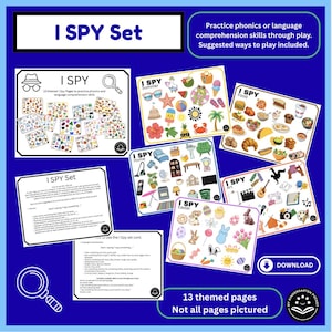 May include: A blue background displays an "I SPY Set" with 13 themed pages for phonics and language comprehension practice. Themes include summer, food, home, art, and Easter. The set includes suggested ways to play. The text reads "I SPY Set".