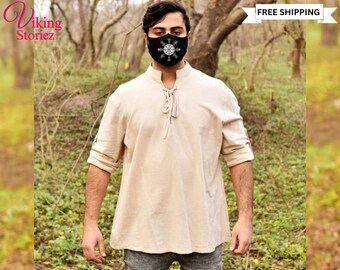 Medieval Viking V Neck Tunic, Comfort Colors Mens Renaissance Tunic, Full Sleeves Cosplay Shirt For Ren Faire, Aesthetic Pirate Larp Shirt.