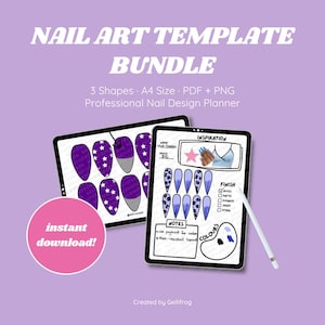 May include: A digital nail art template bundle on a purple background. The bundle includes two digital tablets displaying nail designs, with the text "NAIL ART TEMPLATE BUNDLE". One tablet shows purple nails with white stars. The other shows nail design ideas.