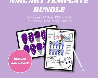Lot de modèles de nail art A4 | amande, carré, stylet | Agendas imprimables de conception d'ongles, adaptés à la procréation