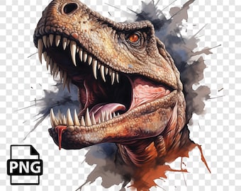 May include: A close-up of a T-Rex dinosaur head with an open mouth, showing sharp teeth. The dinosaur is painted in realistic colors with a watercolor effect in the background.