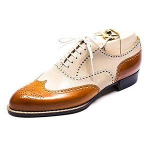 Buy New Men's Fashion Bespoke Cream And Tan Oxford And Wingtip Style Leather Sheos.