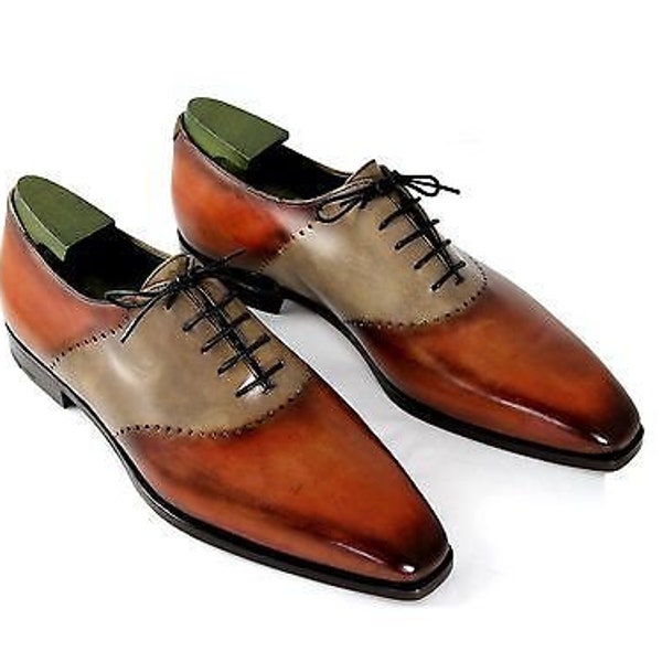 Men's Handmade Two Tone Red And Grey Leather Lace Up Oxford Shoes.