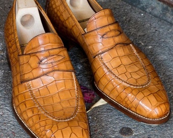 Mocassins sur mesure pour hommes en cuir de crocodile moutarde Chaussures sans lacets pour hommes en cuir de crocodile