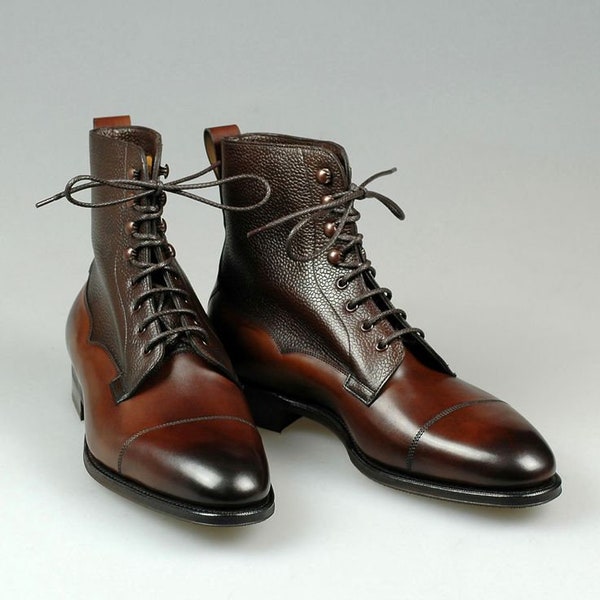Men's Handmade Two Tone Brown Leather Lace Up Ankle High Leather Boot.