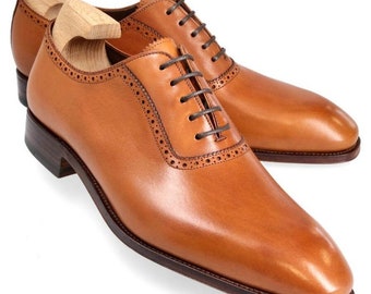 Men's Handmade Tan Leather Lace Up Brogue Oxford Formal Dress Shoes.