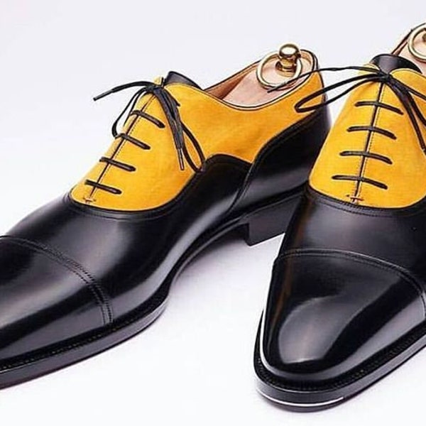 Men's Handmade Two Tone Black And Yellow Leather Cap Toe Lace Up Oxford Shoes.
