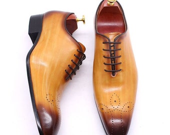 Men's Handmade Mustard Patina Leather Lace Up Oxford Formal Dress Shoes.