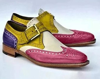 Chaussures en cuir multicolores pour hommes à un seul dos en cuir avec étoile et motif moine faites à la main.