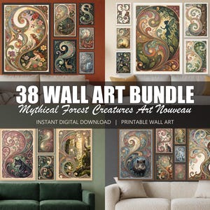 Peut inclure: Un ensemble de 38 impressions d'art mural représentant des créatures forestières mythiques dans un style art nouveau. Ce lot numérique comprend diverses illustrations d'animaux, de fées et de motifs organiques tourbillonnants aux tons terreux.