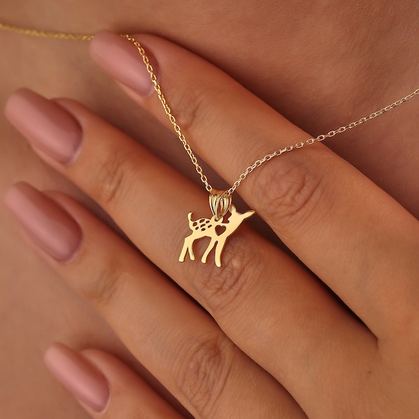 Collier faon Bambi en or massif 14 carats, collier bébé cerf cadeau fête des mères pour elle, pendentif maman cerf, breloque bébé biche, faon vintage délicat