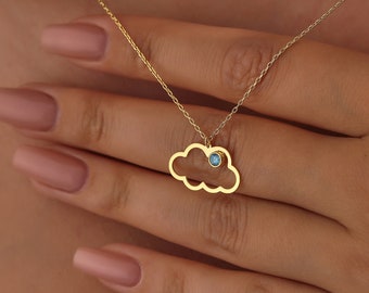 14K Solid Gold Cloud with Birthstone Necklace, Dainty Cloud Ball with Birthstone, Celestial Birthstone Cloud Pendant, Mother's Day Gift